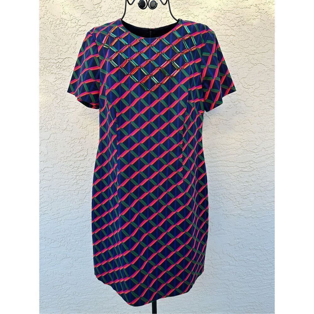 Trina Turk Navy Red Geometric‎ Short Sleeves Beaded Shift Dress Size 10